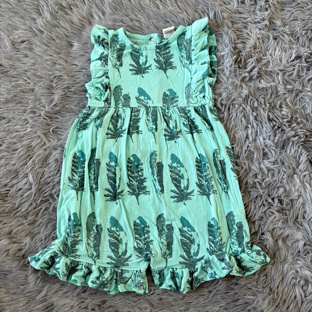 Kate Quinn Bamboo Ruffle Romper Turquoise Teal Feathers Baby Girl 3-6 Months